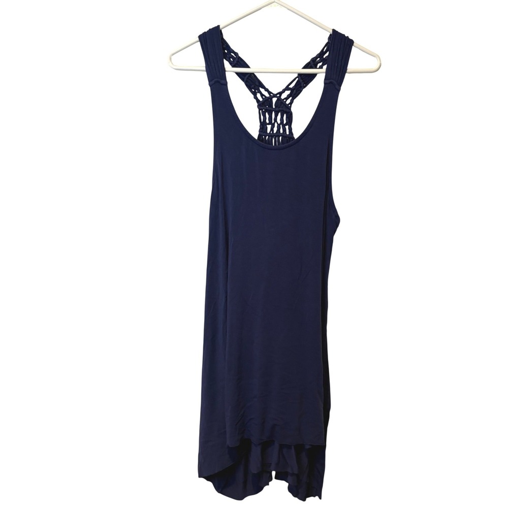L SPACE Navy Blue Racerback Tank Dress Cover Up with Macrame Detail‎